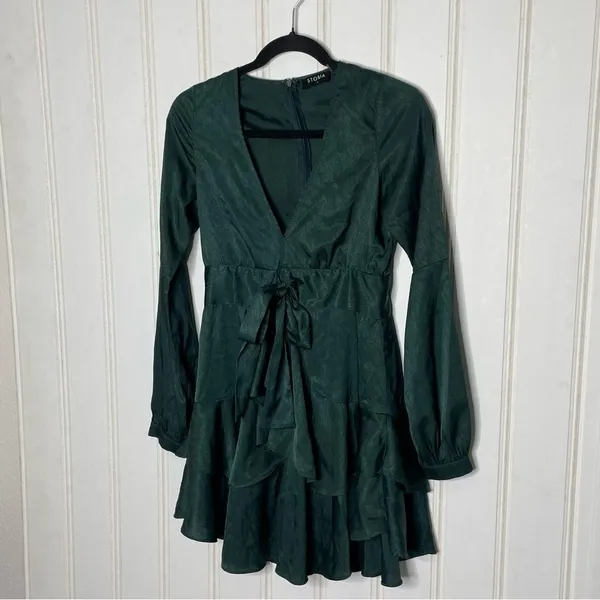 Storia Emerald Green Jacquard V-Neck Ruffle Mini Dress Small 857 - Image 12