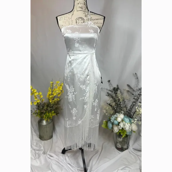 Lulu's On the Dance floor White Jacquard Fringe One-Shoulder Midi Dress XS - Image 3