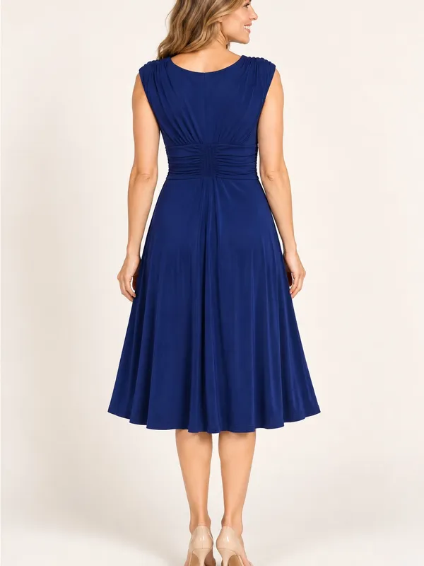 AA Studio Navy Blue Purple Undertone Ruched Midi Dress Size 10 - Image 2