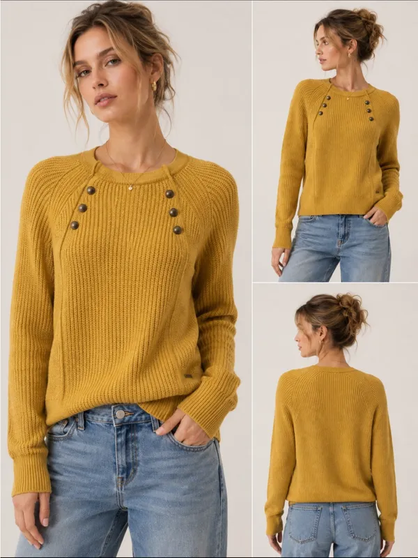 Abercrombie & Fitch Mustard Yellow Ribbed Crewneck Sweater with Button Detail - Image 2