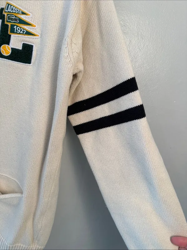 Lacoste Cream V-Neck Cardigan with Athletic Patch size medium - Image 5