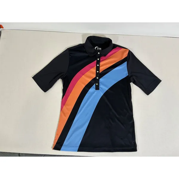 Zyia Active Womens Black Rainbow Stripe Snap Polo Shirt Short Sleeve Small - Image 11