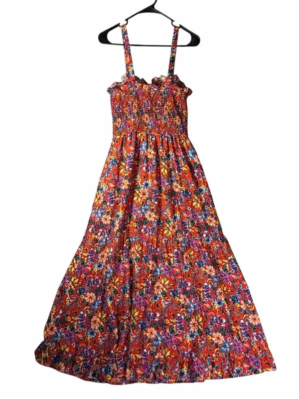 Band of Gypsies Collective XL Floral Smocked Maxi Dress Red Orange Ruffle Boho Sundress - Image 2