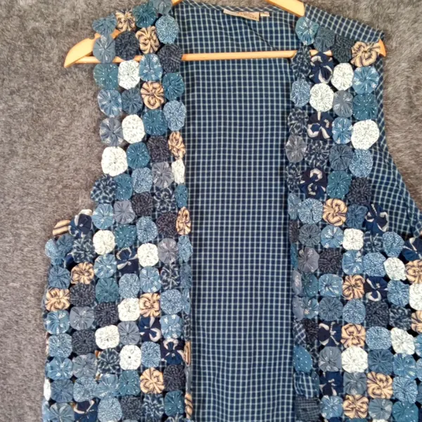 Susan Bristol Blue Patchwork Flowers Vintage Cottagecore Festival Vest Womens L - Image 3