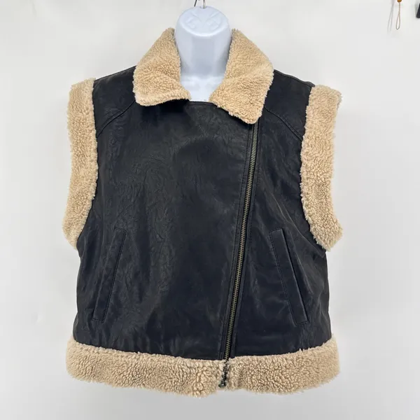 Free‎ People We The Free Clover Teddy Vegan Leather Shearling Vest Black Cream L - Image 5