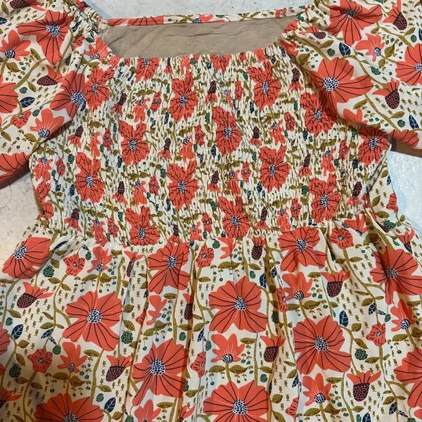 Kori Knee-Length Orange Multicolor Floral Puff Sleeve Dress Sz‎ M - Image 6