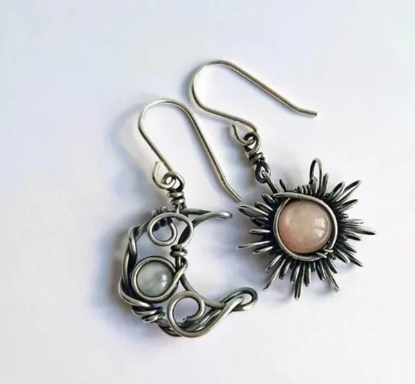 Boho Opal Sun and Moon Drop Dangle Earrings Moonstone - Image 2