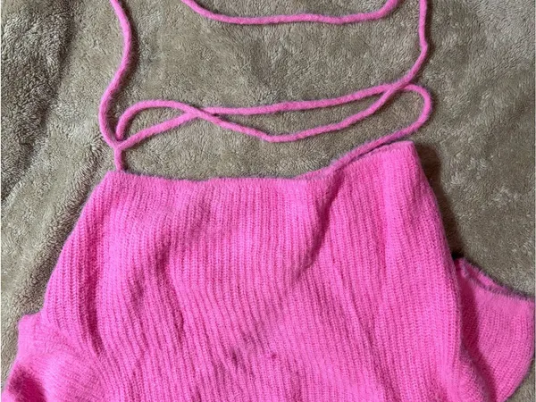Luca + Grae Hot Pink Fuzzy Knit Wrap Crop Top Tie Waist Short Sleeve L - Image 5