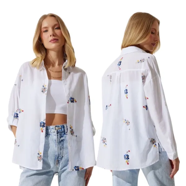 Patiskha Life 100% Cotton Long Sleeve Button Up Floral Embroidered White Medium - Image 2