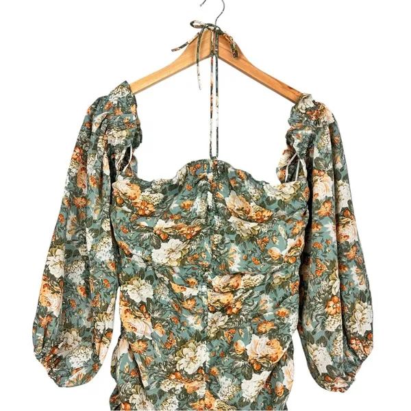 Hello Molly Basque Country Long Sleeve Ruched Mini Dress Floral Sage M NWT Event - Image 5