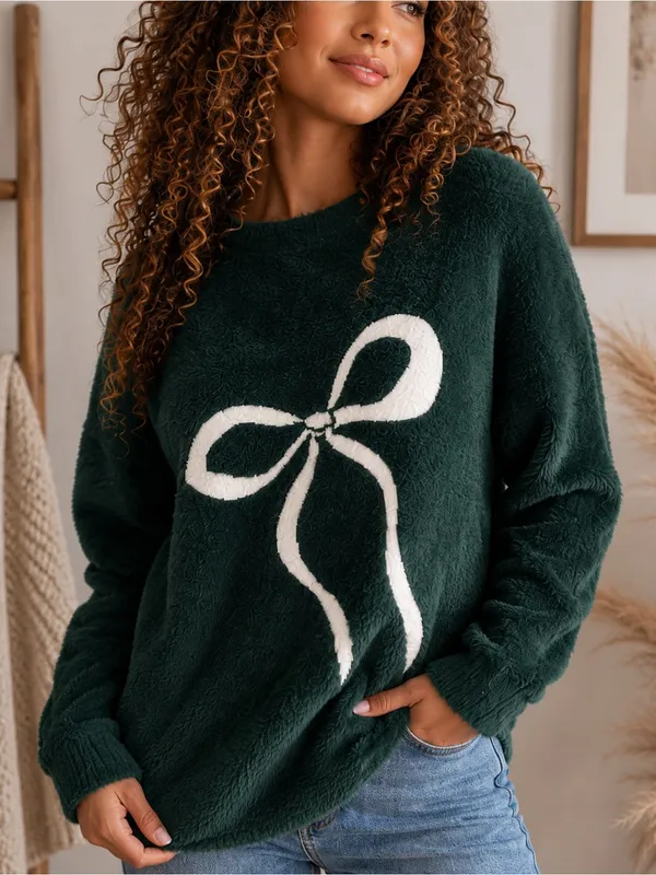 Lulus LuLaRoe Forest Green Fuzzy Bow Sweater XL Cozy Plush Pullover - Image 3
