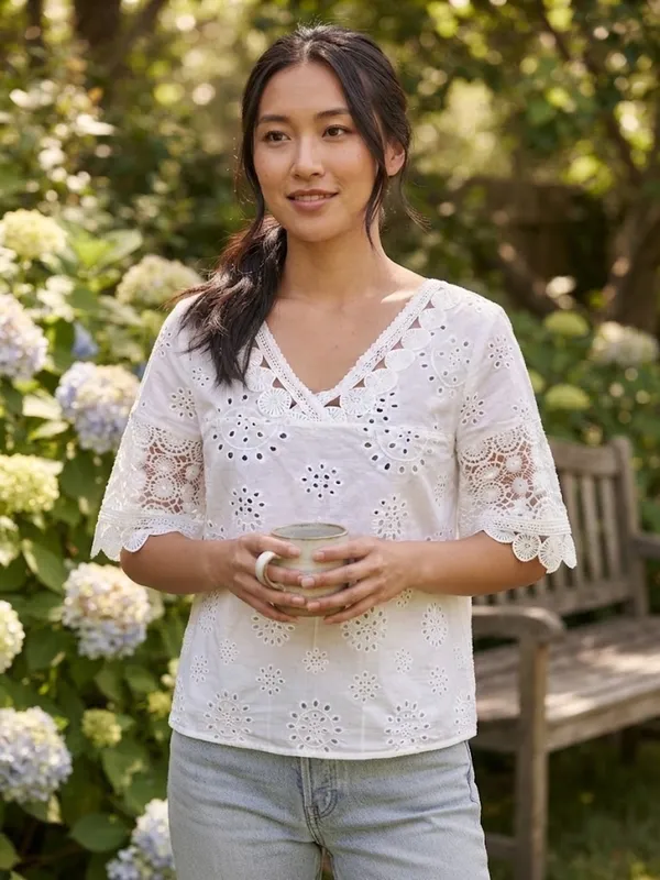 White Crocheted Blouse with Bell Sleeves Size none - Image 2