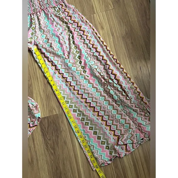 Silk Blend Wide-Leg Pants Pink Earth Tone Geometric Print Bohemian Resort Wear - Image 5
