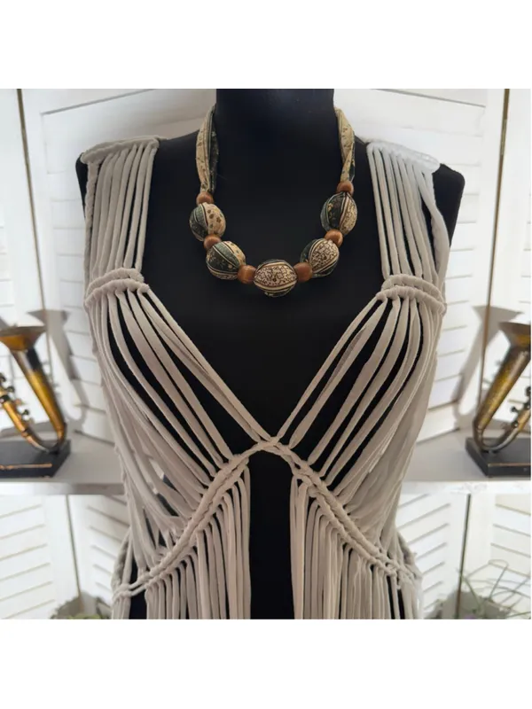Solitaire white fringes crochet vest top macrame boho fairy festival coastal S - Image 10