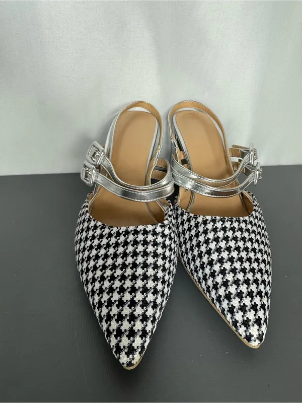 Pointed Houndstooth casual business party preppy Slingback Flats Black White 39 - Image 3