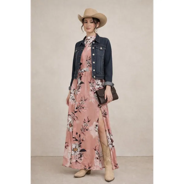 Floral Pink Maxi Dress Small High Neck Front Splits Fairy Cottagecore Whimsical - Image 8