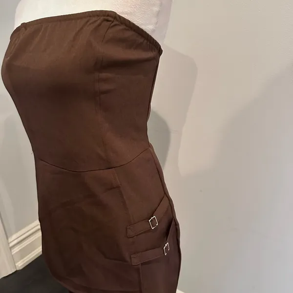 PLT Dark Chocolate Structured Woven Bandeau Belt Detail Straight Leg Jumpsuit - Image 2
