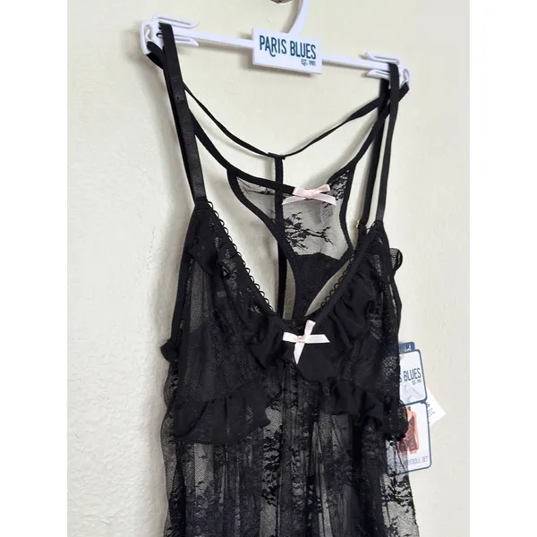 NWT MBlack Lack Babydoll Nightgown Tank Top Chemise w Pink Bow + Matching Thong - Image 2
