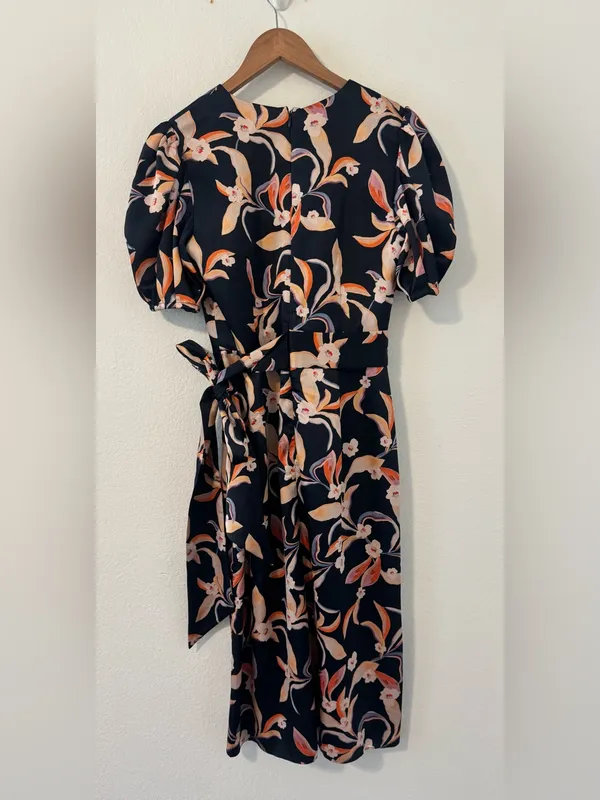 SACHIN & BABI Casey Navy Floral-Print Flared Dress Midi Puff Sleeves ASO Sz 4 - Image 2