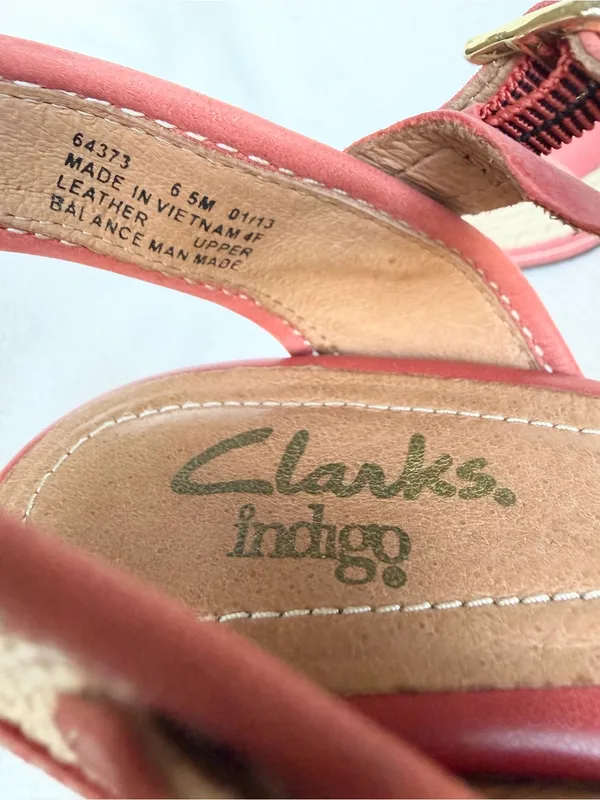 Clarks Coral /Beige Leather Wedge Espadrille Sandals Ankle Strap Buckle 6.5 - Image 11