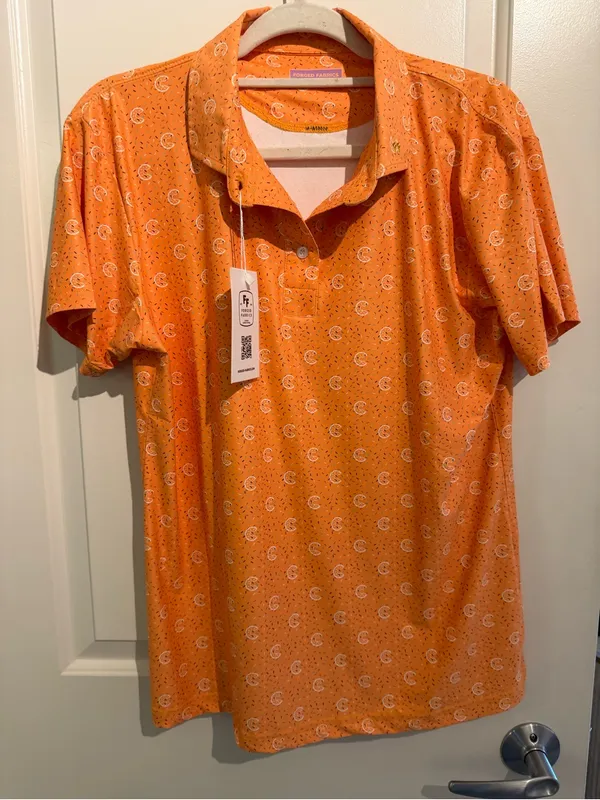 Forged Fabrics Orange Croissant Print Polo Shirt Women’s Medium NWT - Image 2