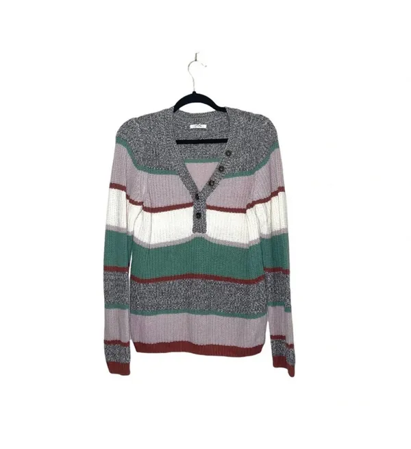 Maurices Henley Sweater Multicolor Striped V-neck Button Knit Pullover - Image 2