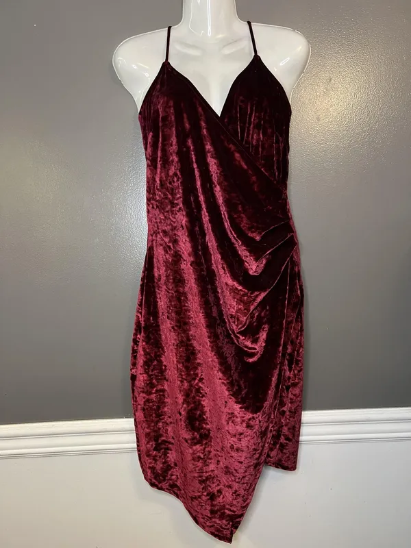 Revamped Dress Womens XL Burgundy Crushed Velvet Wrap Surplice Asymmetrical - Image 2