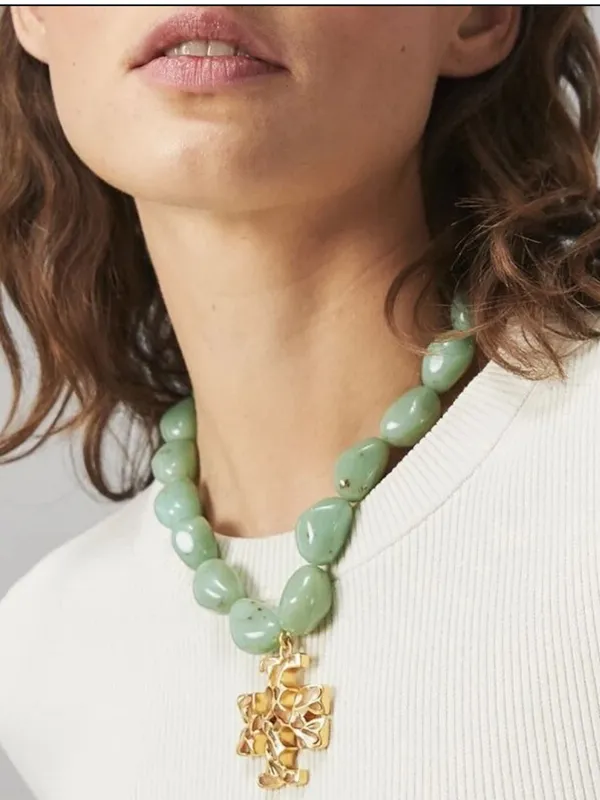 Tory Burch | Gold Plated Icon Pendant Necklace w/Green Beads | Magnetic Closure - Image 2