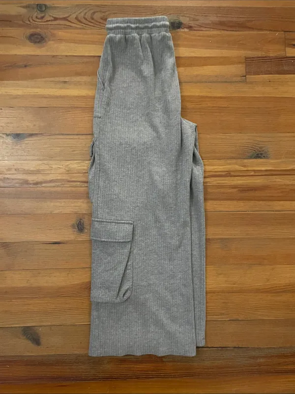 Halara Ribbed Mid Rise Drawstring Pockets Wide Leg Cargo Pants Medium Taupe - Image 3