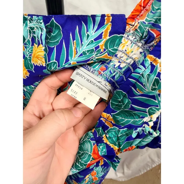 Vintage Liberty House of Hawaii Blue Floral Tropical Ruffle Satin Midi Sundress - Image 7