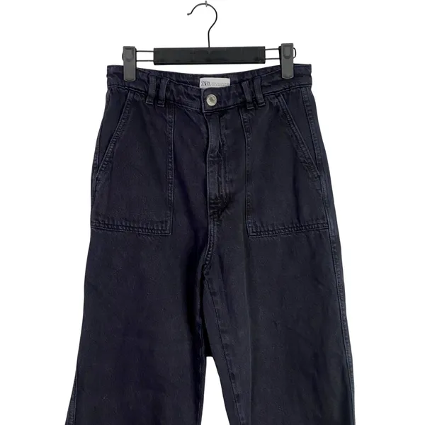 Zara Relaxed Fit Utility Style Wide Leg High Rise Raw Hem Jeans Pockets M Black - Image 2