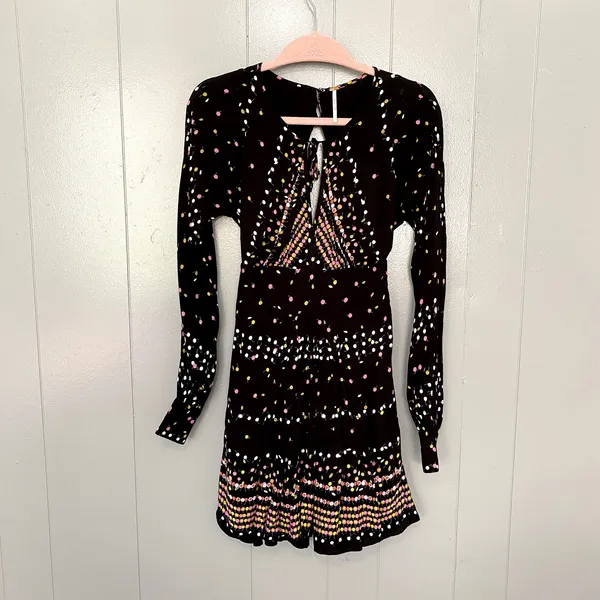 Free People Coryn Black Print Long Sleeve Open Back Flare Boho Mini Dress 0 - Image 4
