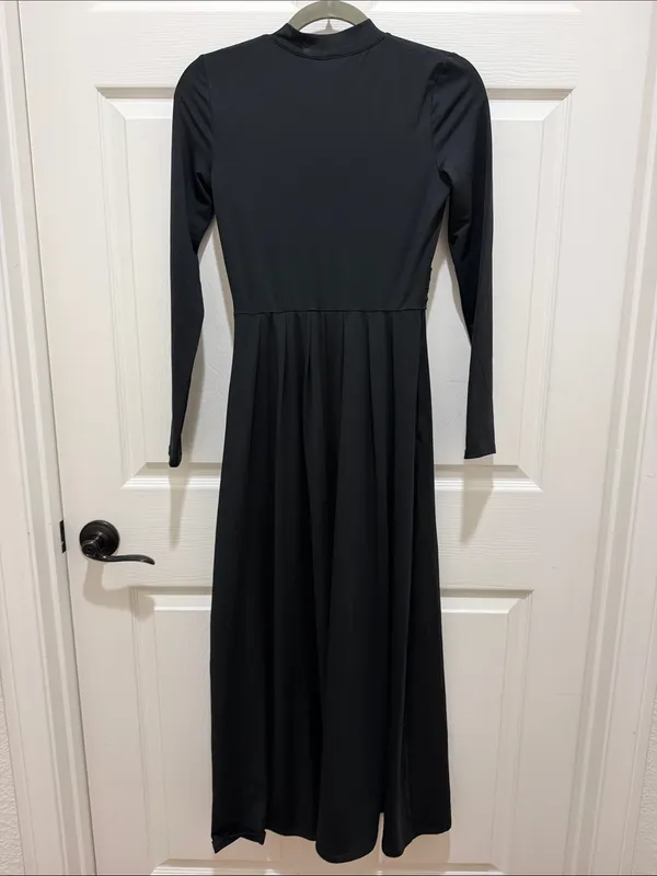 HALARA Black Mock Neck Long-Sleeve Flare Maxi Dress Pocket & Waist Detail XS - Image 6
