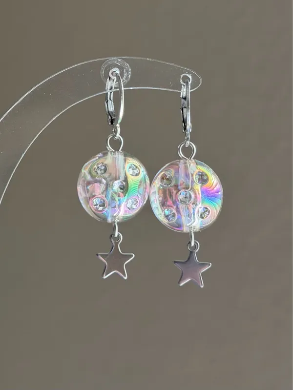 Handmade round beads & star y2k cute whimsical dangle earrings⭐️ - Image 5