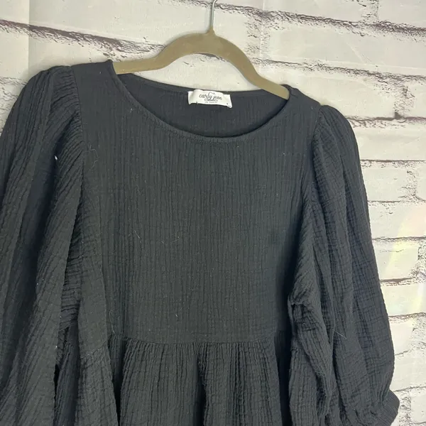 Carly Jean Los Angeles Black Blouse 1/4 Sleeve Mini Dress SZ S 100% Cotton Top - Image 4