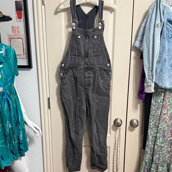 Free People Washed Black Denim Destroyed Boyfriend Overalls Utility Minimalist - Image 2