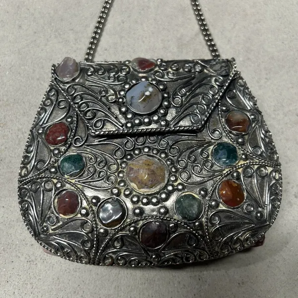 Vintage Sajai Metal Purse with Multicolor Agate Stones and Silver Chain Strap - Image 2