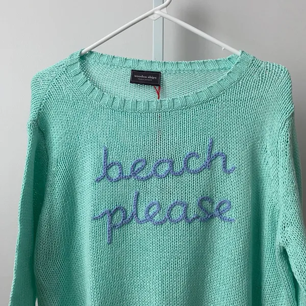 Wooden Ships Cotton Beachy Coastal Beach Please Graphic Knit Sweater XS/S Mint‎ - Image 2