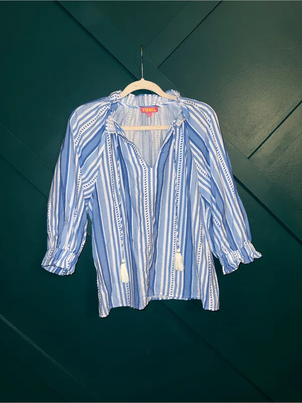 THML Thalia Blue & White Striped Tie-Neck Blouse Coastal Prep Boho Flair - Image 2
