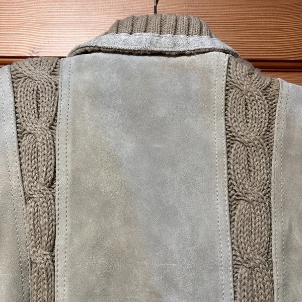 California vintage VTG 70s Women's Suede Leather Belt Knit Cardigan Sweater Jacket Beige Size Small - Image 8
