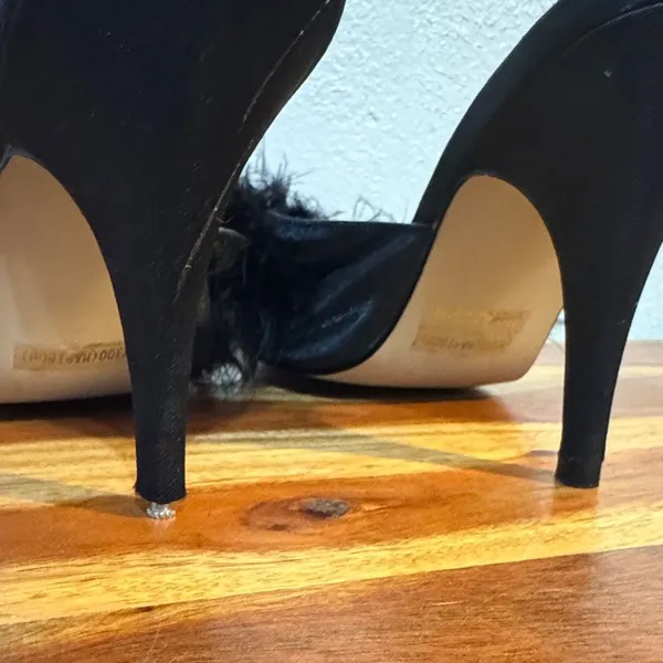 Vintage Y2K Frederick's of Hollywood Black Marabou Feather Satin Peep Toe Heel - Image 8