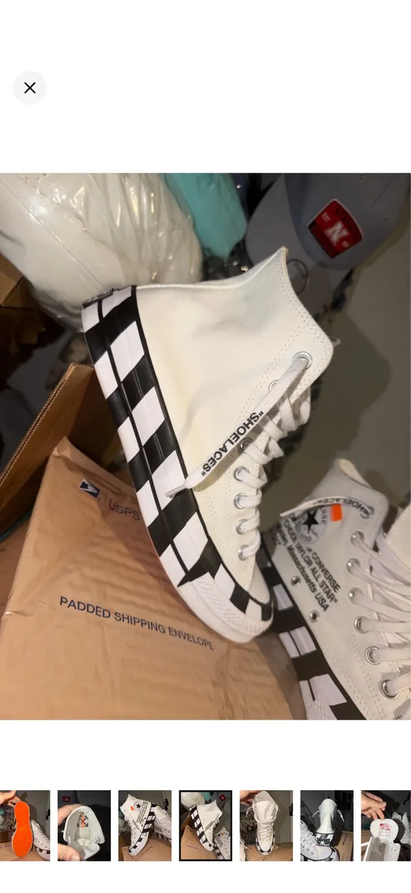 Converse White High-Top Sneakers with Black Checkerboard and Orange Tabs - Image 5
