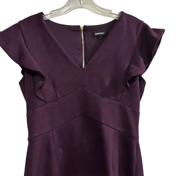 DKNY Women's Purple‎ V-Neck Ruffled Cap-Sleeve Sheath Dress Size 4 - Image 2