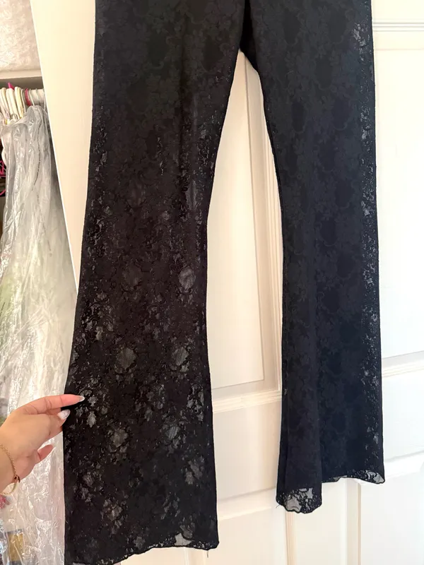 Los Angeles Apparel Black Floral Lace Flare Pants Leggings - Image 5