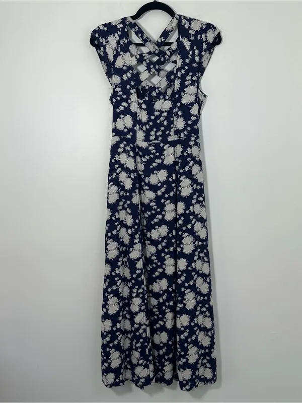 Maeve by Anthropologie Navy Blue White Floral Button Front Maxi Dress Size 4 - Image 3