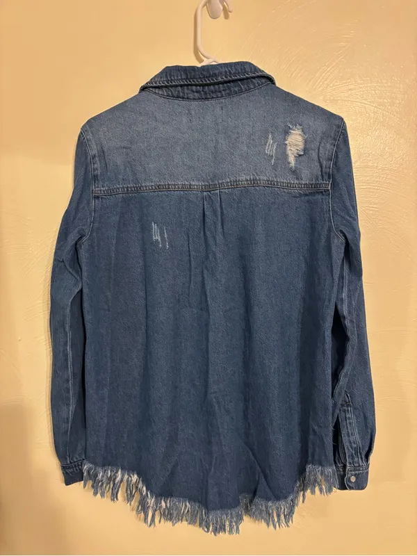 Risen Denim Shirt Women M Distressed Raw Fringe Hem Western Button Up - Image 9