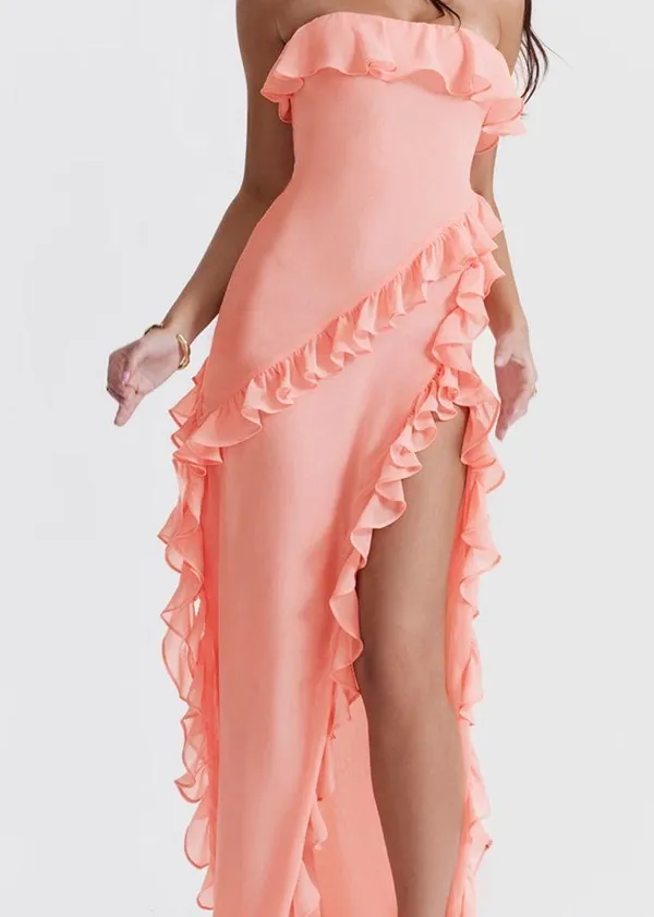 House of CB Sarina Peach Ruffle maxi Dress size large - Image 7