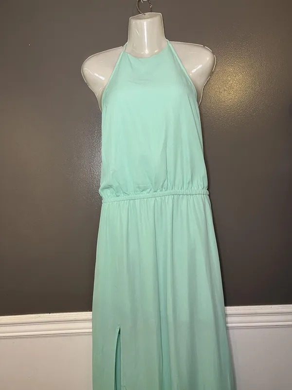 Show Me Your MuMu Dress Womens Large Green Halter Backless Chiffon Maxi Slit - Image 2