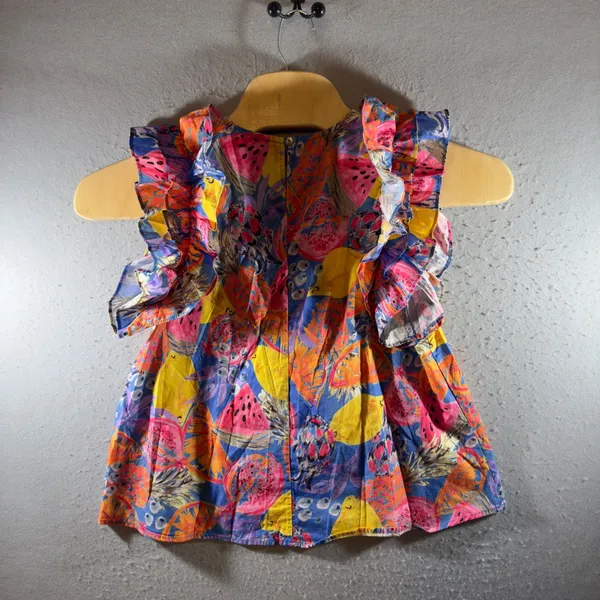 1682 | Entro‎ Boho Fruit Print Ruffle Shoulder Cotton Blouse Blue Multi Women M - Image 2