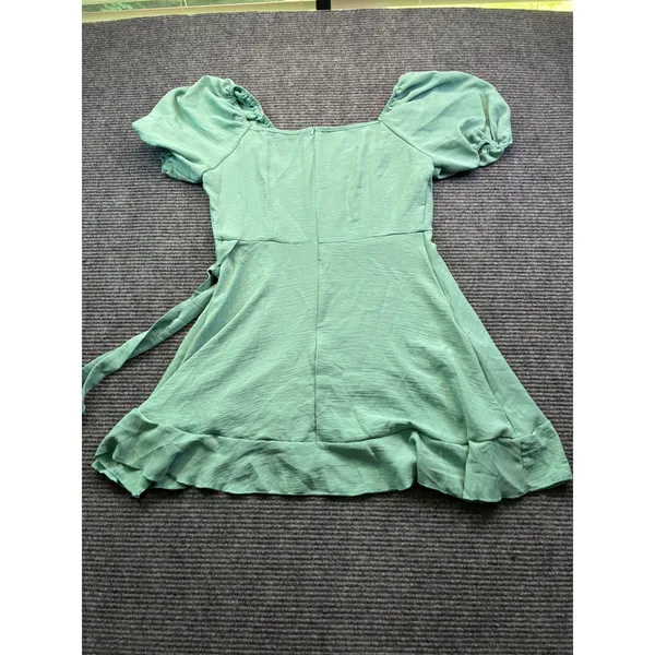 Mint Green Puff Sleeve Ruffle Mini Dress Square Neck Wrap Tie Side‎ Split Large - Image 13